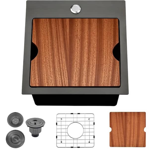 15 in. Drop-In Single Bowl Black 16-Gauge Stainless Steel Square Workstation Sink for Bar or Prep