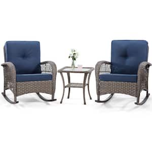 3-Piece Wicker Outdoor Rocking Chairs Patio Conversation Set with Blue Cushions for Porch Deck Garden Backyard