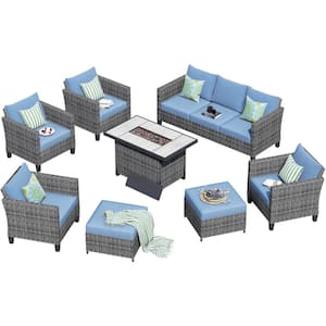 New Star Gray 8-Piece Wicker Patio Rectangle Fire Pit Conversation Seating Set with Blue Cushions