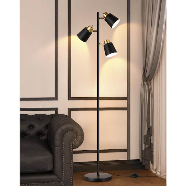 Rottogoon 3-Headed 67 in. Black Gold Industrial 3-Light Tree Floor