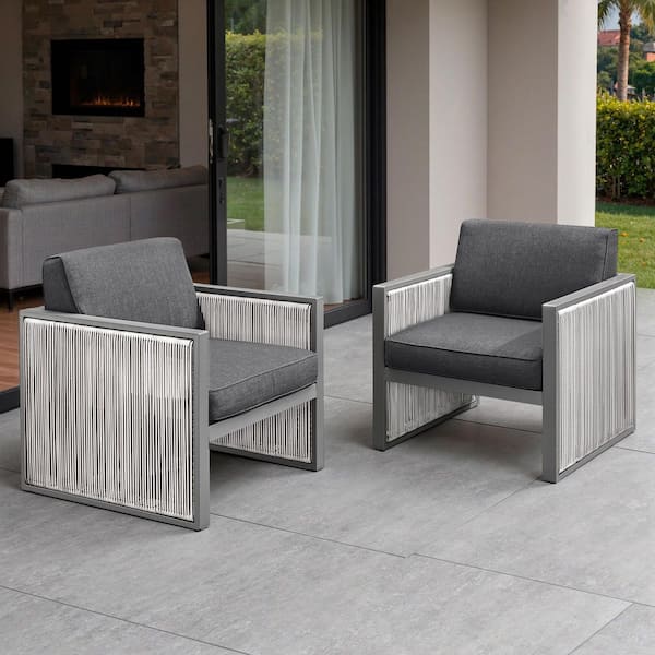 Opohoro SquareChic Metal and Light Beige Wicker Outdoor Lounge Chair with Olefin Dark Gray Cushions (2-Pack)