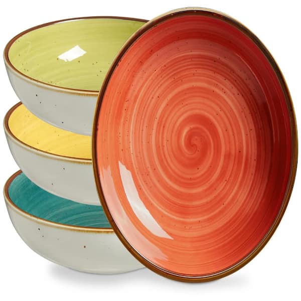 30 fl. oz. Assorted Color Porcelain Salad Pasta Soup Shallow Bowls with Rustic Bronze Edges (Set of 4)
