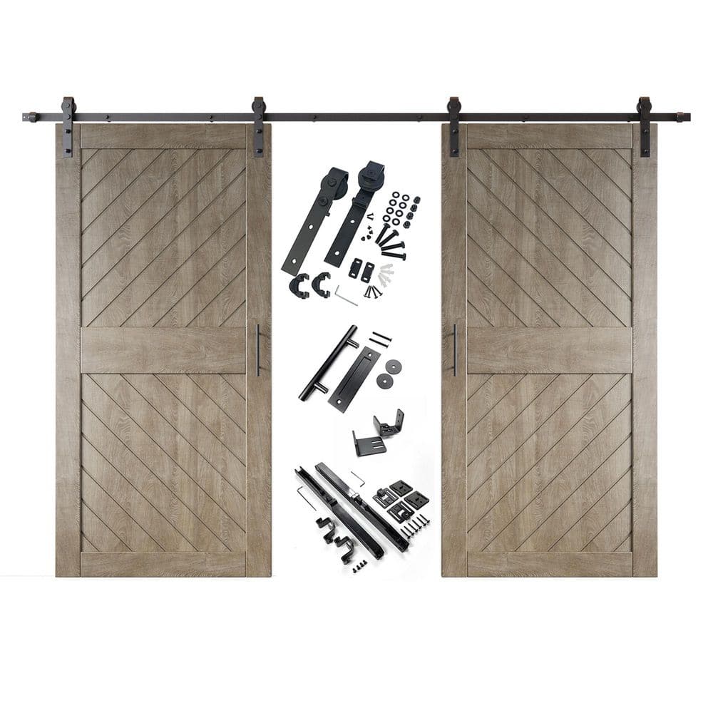 XT3 32 in. x 84 in. C-Panel Classic Gray Slanted Stripe Design Double Pine Wood Sliding Barn Door with Hardware Kit price history on PriceWatchPro