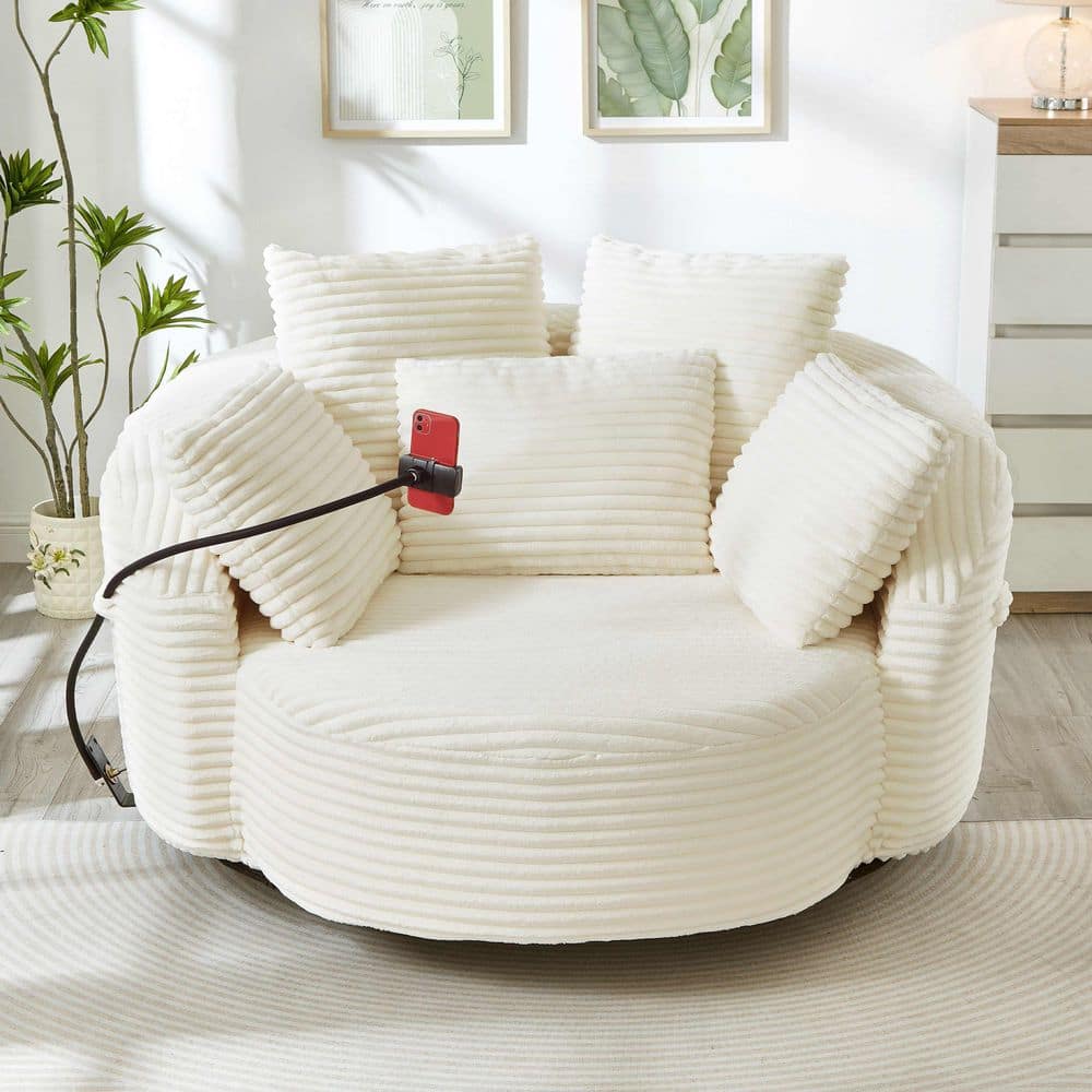 Beige Fabric 360° Swivel Accent Arm Chair with 5-Throw Pillows and an Adjustable Phone Holder