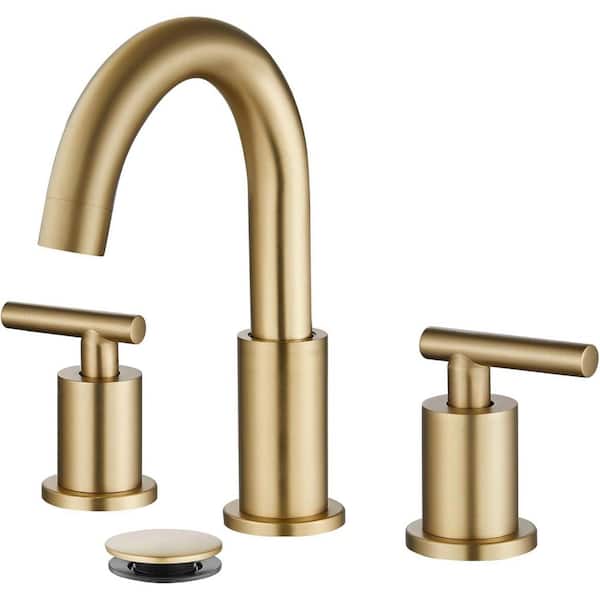 8 in. Widespread 3-Hole Double Handle Bathroom Faucet with Drain in Brushed Gold