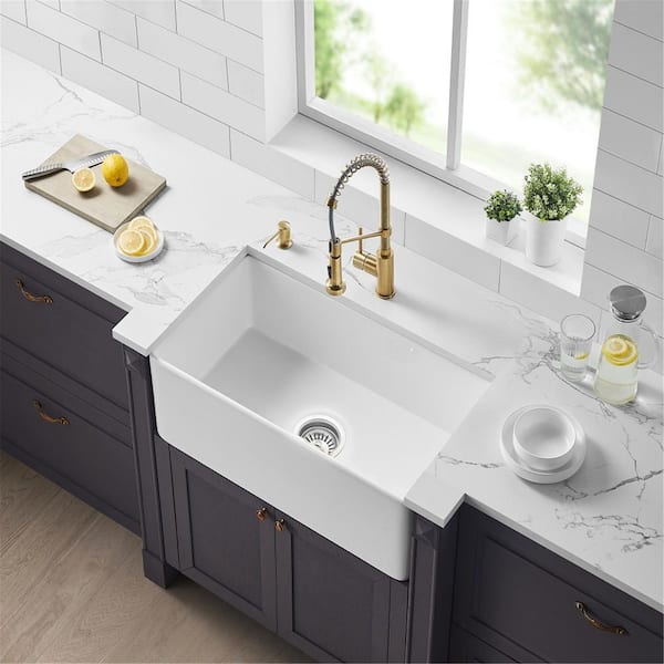 Unbranded White Acrylic 33 in. Single Bowl Farmhouse Apron Workstation Kitchen Sink without Faucet