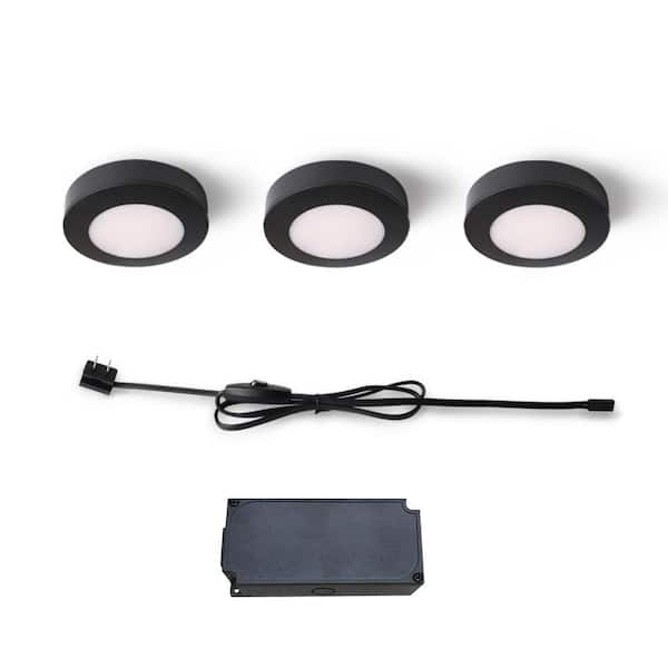 Plug-In 3-Light Black Dimmable Color Changing Integrated LED 5CCT Under Cabinet Puck Light with J-box