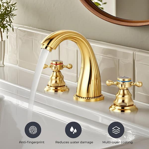 Double Handles 8 in. Widespread Bathroom Faucet 3-Hole Sink Faucet in Polished Gold (2-Pack)