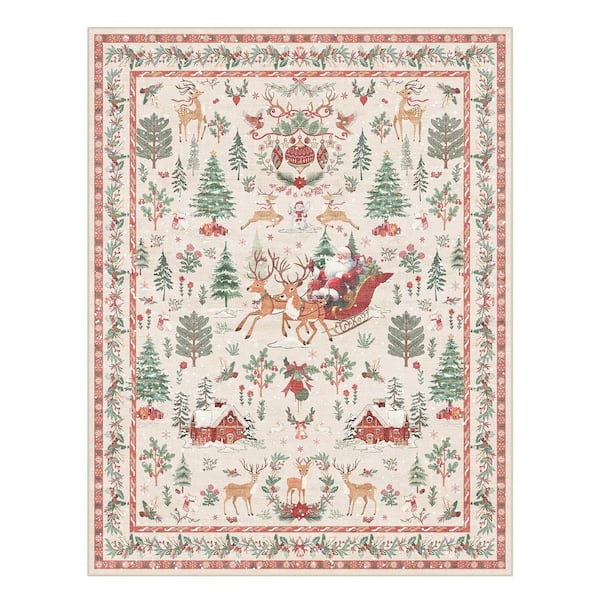 8 ft. x 10 ft. Beige Holiday Woodland Washable Area Rug