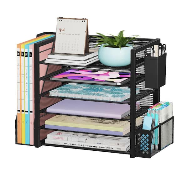 Black 18in x 13in Metal 6-Tier Desktop File Organizer with Removable Pen Holders and Sliding Drawer