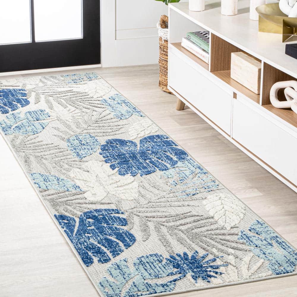 Light Gray and Navy Tropical Leaf Runner Rug, 2'-3" x 8', Synthetic