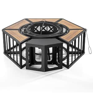 51 in. W Metal BBQ Outdoor Brown Fire Pit Table with Grill and Wood-Grain Side Tables for Picnic Party