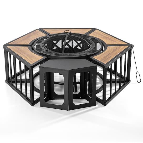 Unbranded 51 in. W Metal BBQ Outdoor Brown Fire Pit Table with Grill and Wood-Grain Side Tables for Picnic Party