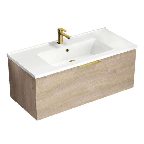 Nameeks Bodrum 39.37 in. W x 17.72 in. D x 16.14 in. H Modern Bathroom Vanity in Brown Oak With White Ceramic Top