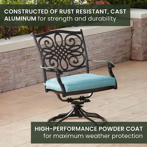 Traditions 9-Piece Outdoor Rectangular Patio Dining Set with Blue Cushions, 8 Swivel Rockers and Dining Table