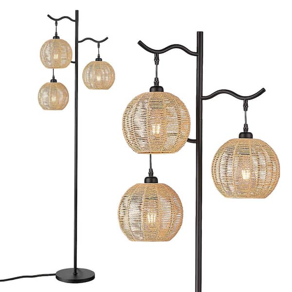 65 in. Black Rustic Tree 3 Light Floor Lamp for Living Room with Handwoven Paper Twine Cages Shade