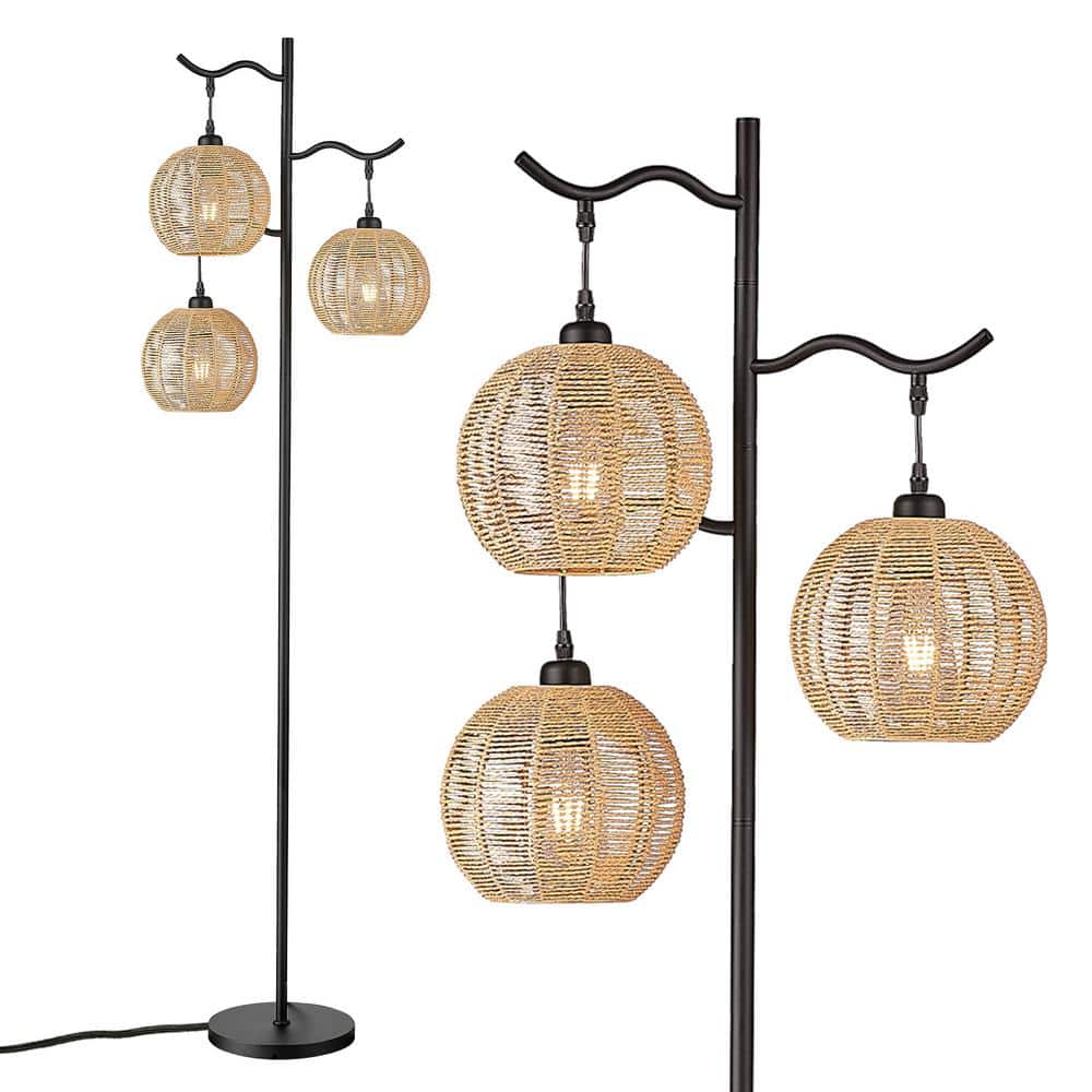 65 in. Black Rustic Tree 3 Light Floor Lamp for Living Room with Handwoven Paper Twine Cages Shade price history on PriceWatchPro