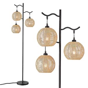 65 in. Black Rustic Tree 3 Light Floor Lamp for Living Room with Handwoven Paper Twine Cages Shade