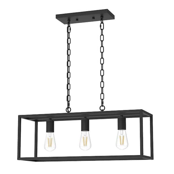 3-Light Matte Black Farmhouse Rectangular Chandelier for Kitchen Island or Dining Room