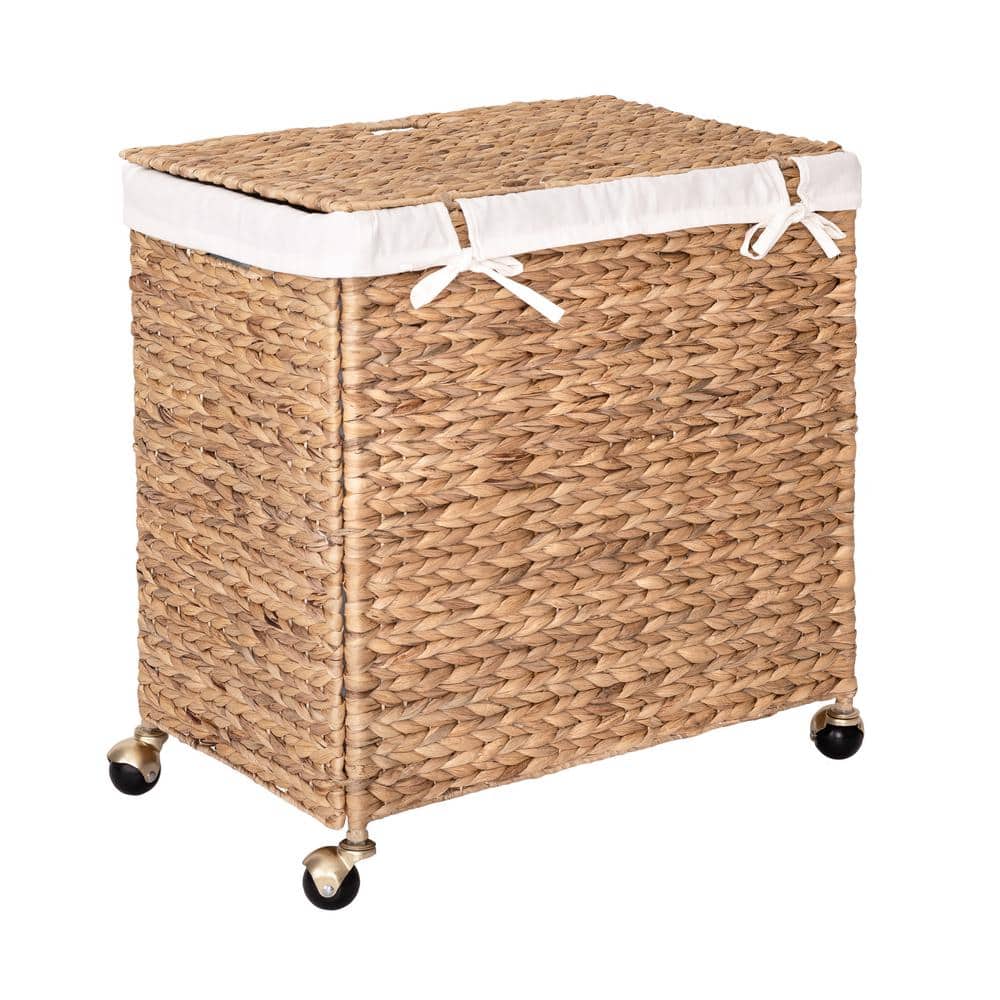 Natural Wicker Lidded Laundry Hamper with Gold Casters