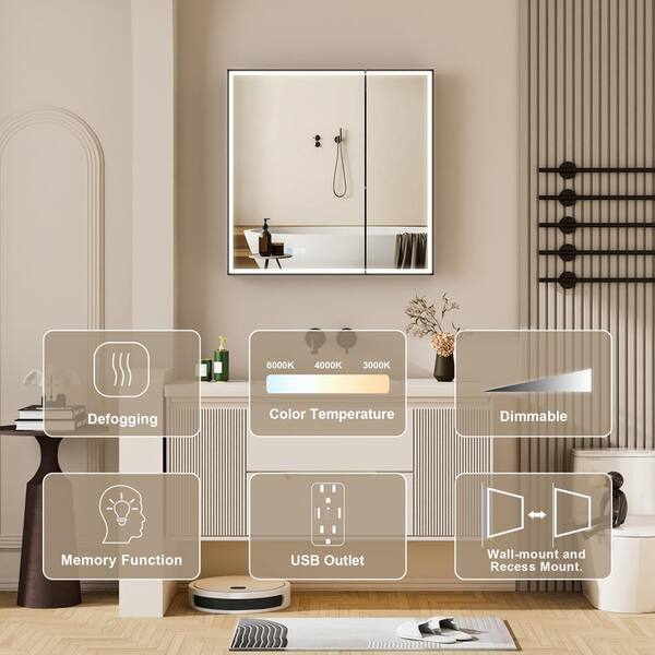 30 in. W x 30 in. H Rectangular Black Aluminum Recessed/Surface Mount LED Medicine Cabinet with Mirror,Outlet,Soft Close