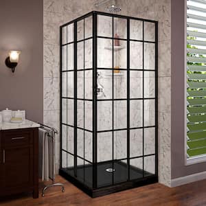 French 42 in. x 72 in. Corner Sliding Semi Frameless Shower Pan Door in Matte Black with Base in Black