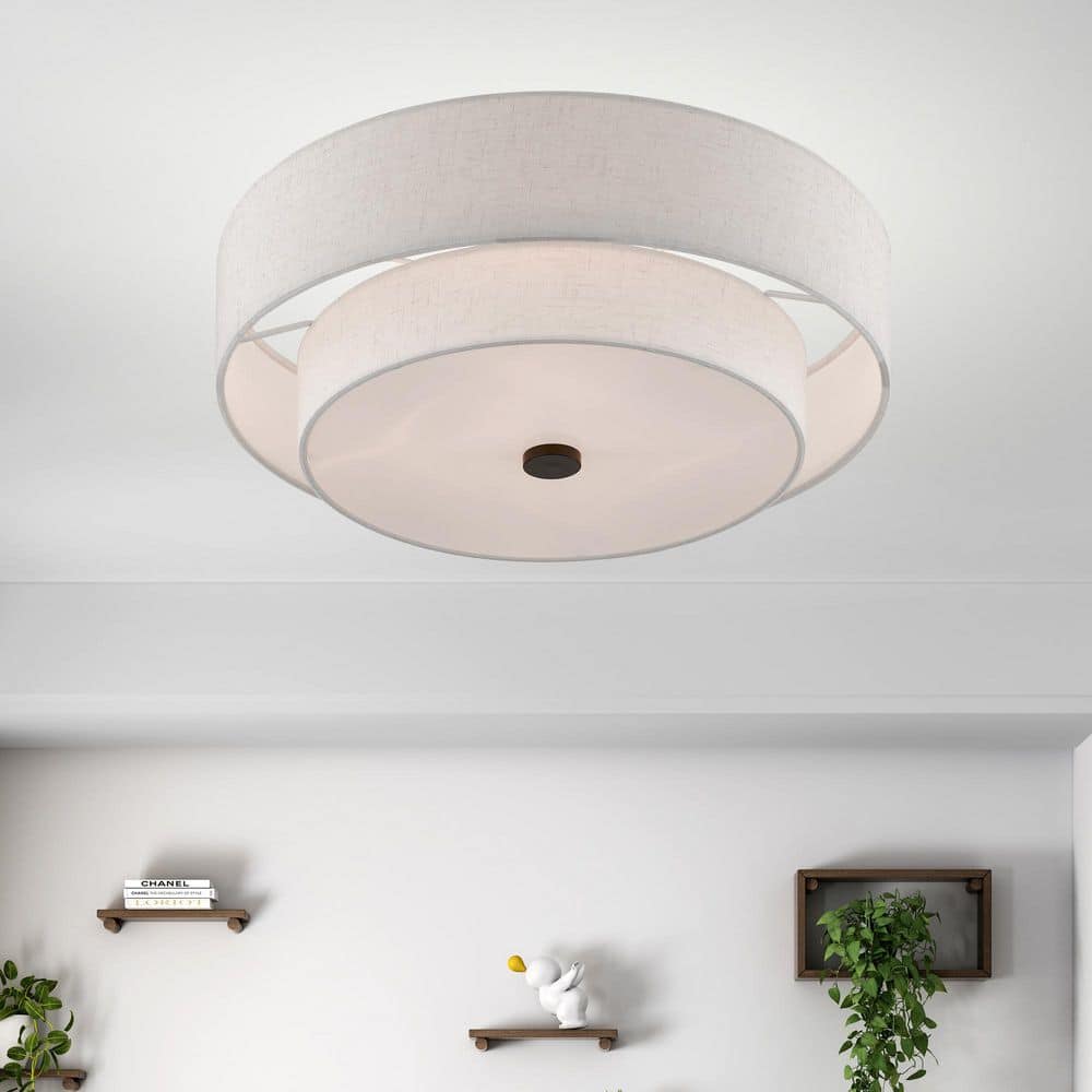 English Bronze 4-Light Indoor/Outdoor Drum Ceiling Fixture with Oatmeal Shade