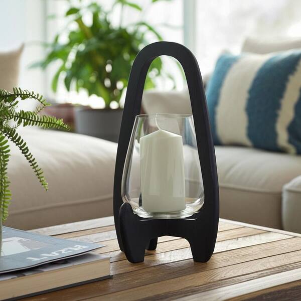 Liv & Skye 15 in. Black Wood and Glass Hurricane Lantern Candle