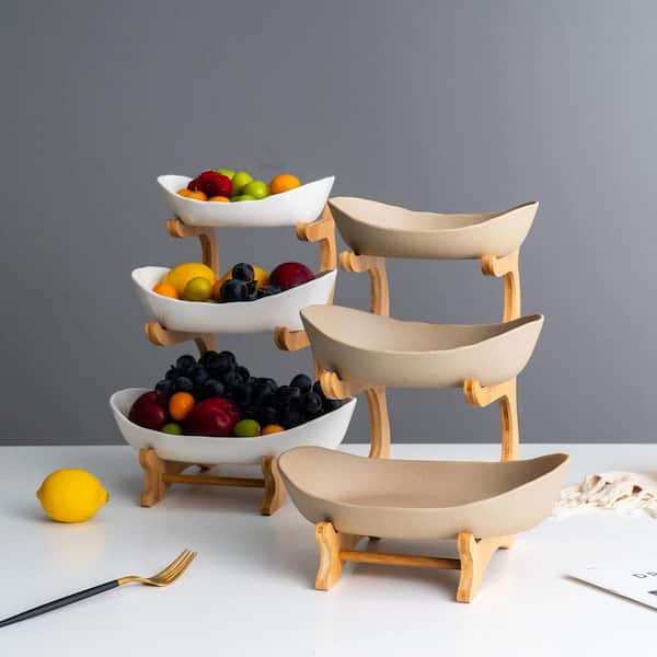 1 Piece 3-Tier Bamboo Stand Porcelain Fruit Bowls Set for Kitchen Counter, Party and Wedding