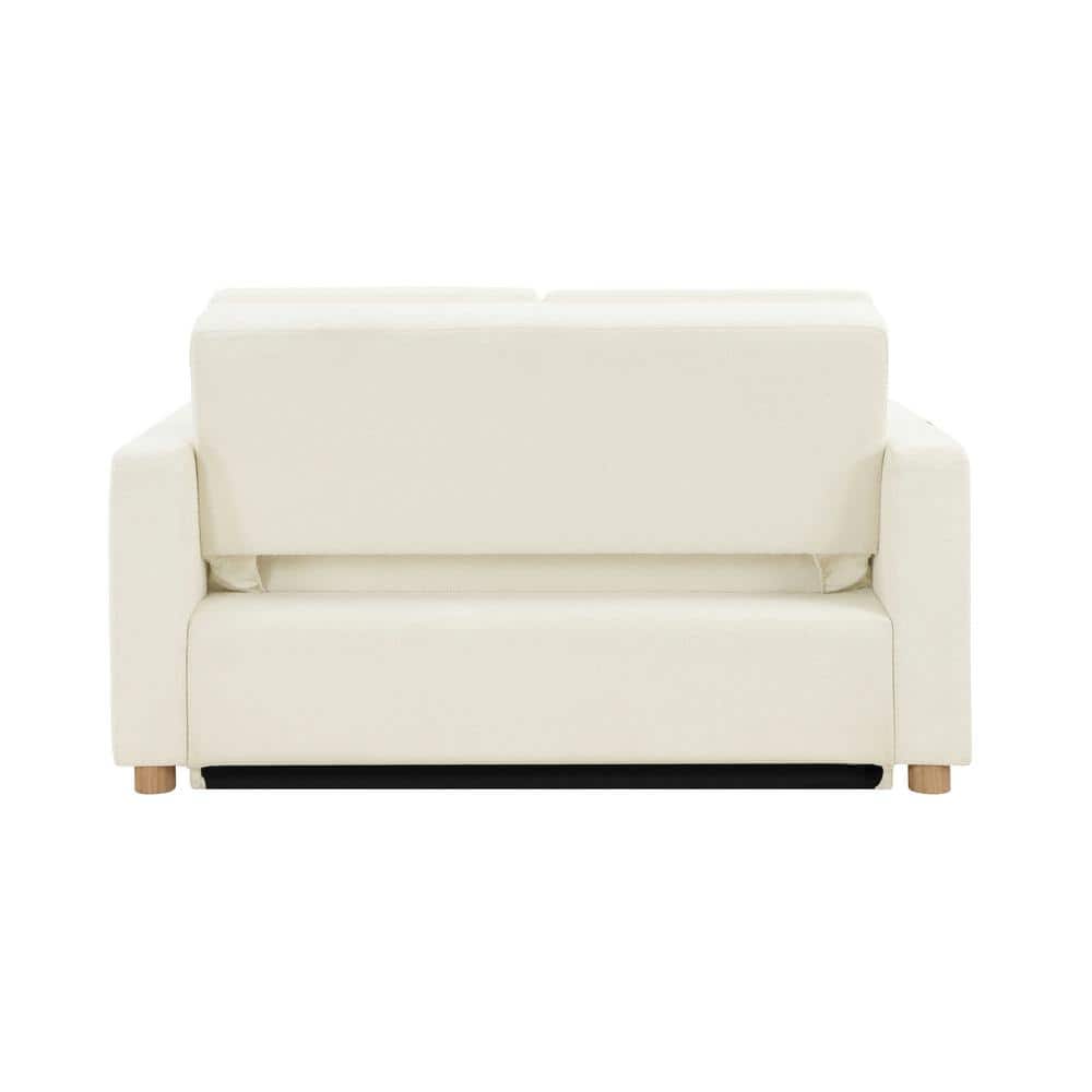 Ivory Boucle Full Size Convertible Sleeper Sofa with Wood Legs