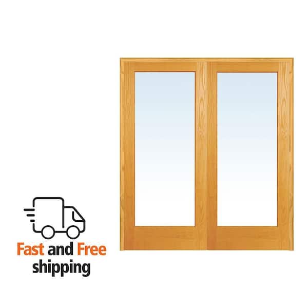 72 in. x 80 in. Both Active Unfinished Pine Wood Full Lite Clear Prehung Interior French Door