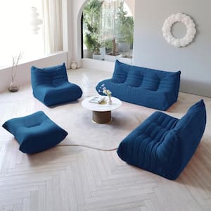 34.25 in. Creative Lazy Floor Sofa Teddy Velvet Bean Bag Corduroy Retro Decorative Cozy Armless Ottoman, Blue