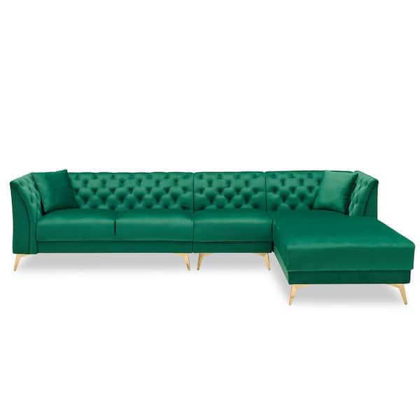 URTR 28 in. W Flared Arm Sofa Fabric Upholstery Chesterfield Modern Style L Shaped Sofa 4-Seat Sofa Classic in Green