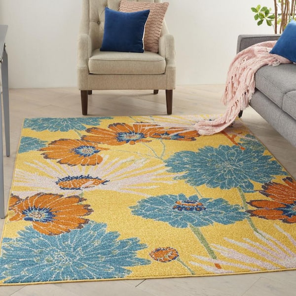 4 ft. x 6 ft. Yellow Floral Power Loom Area Rug