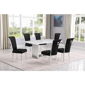 Lisa 7-Piece Rectangular White Marble Top Chrome Base Dining Set with Black Velvet Chairs Seats 6.