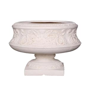 16.25 in. Dia Light Aged White Cast Stone Fiberglass Ornate Low Urn