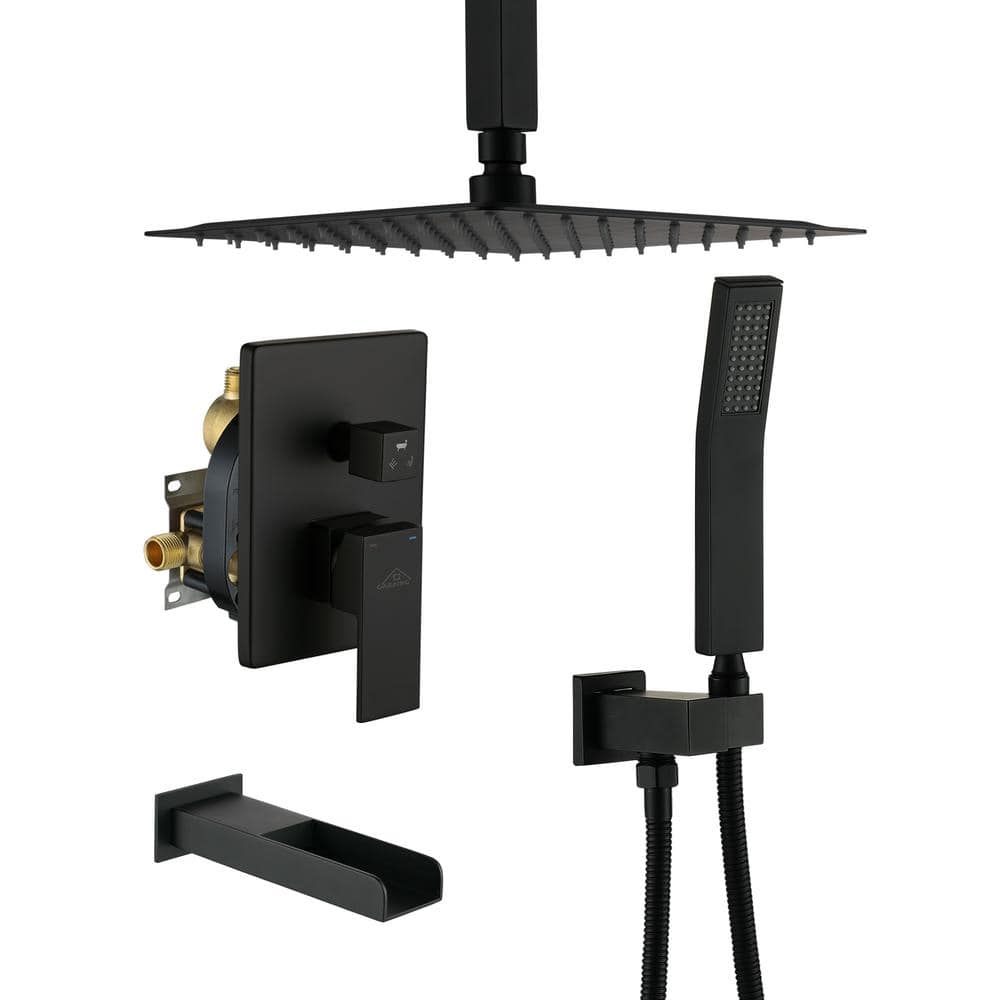 Matte Black 10-Inch Ceiling-Mounted Shower System with Handheld and Tub Filler