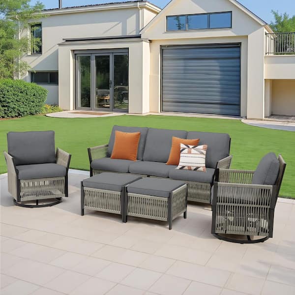 5-Piece Outdoor Chair Set Wicker Patio Conversation Set with Gray Cushions, Handwoven Wicker