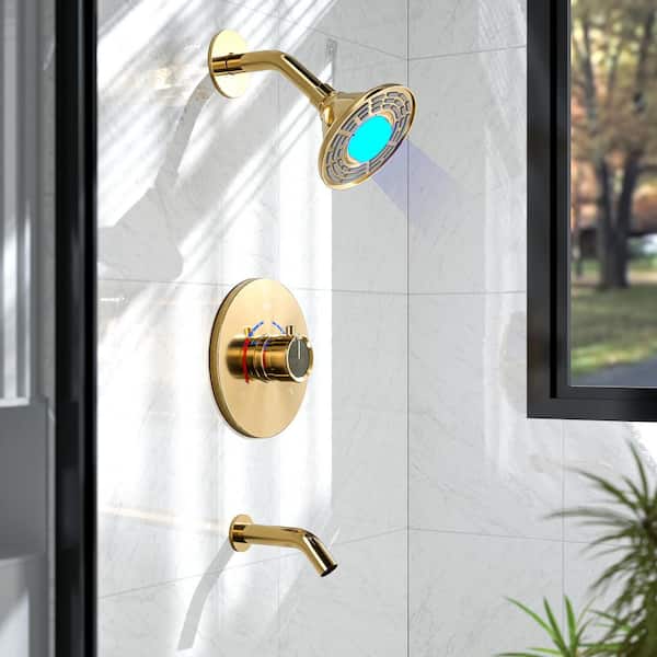 EVERSTEIN LED Display Single Handle 2-Spray Shower Faucet Set 2.5 GPM with High Pressure in. Brushed Gold(Valve Included)