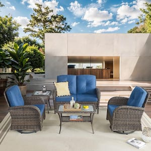 Carlos Brown 5-Piece Steel Wicker Patio Conversation Deep Seating Set with Thick Blue Cushions