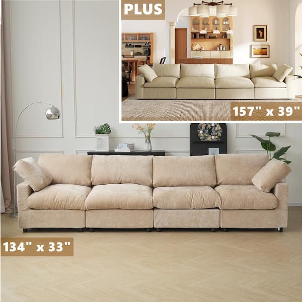 134 in. Square Arm Chenille Fabric 4-Piece Modular Free Combination Sectional Sofa in. Khaki