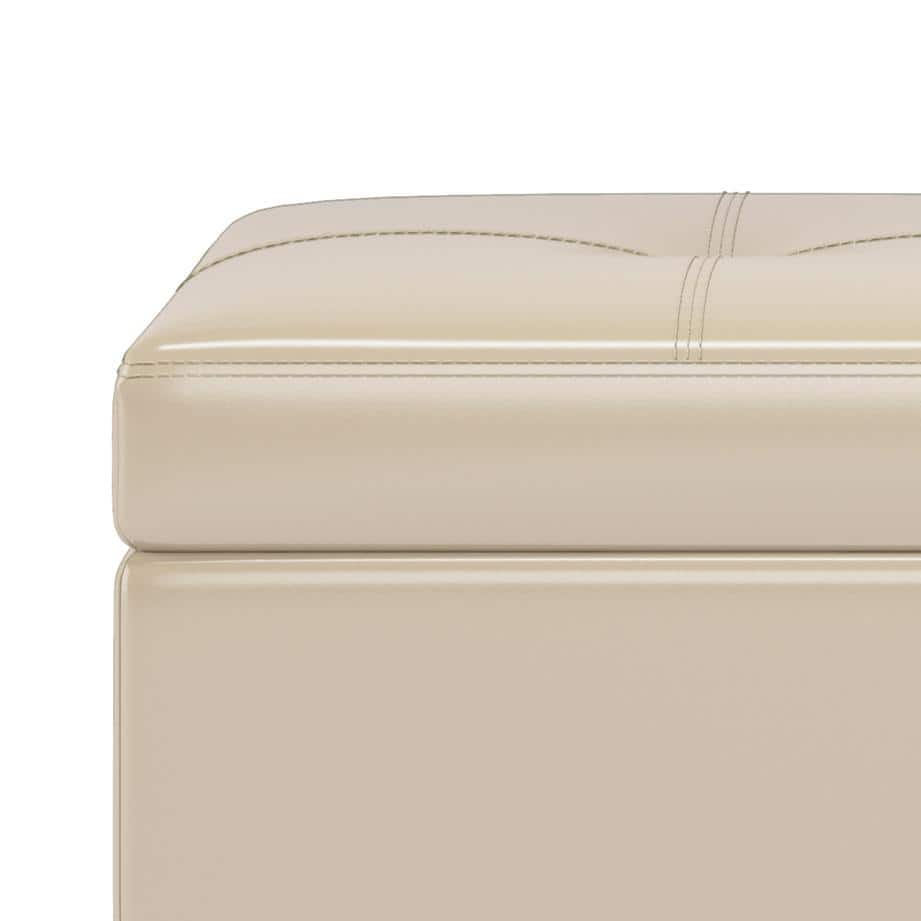Satin Cream Tufted Faux Leather Footstool with Wooden Tray