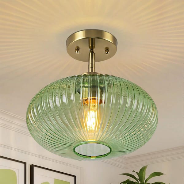 Lyraen 11.8 in. 1-Light Green Transitional Flush Mount with Striped Glass Lantern Shade
