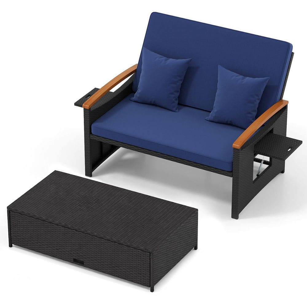 Wicker Outdoor Day Bed with Blue Cushions