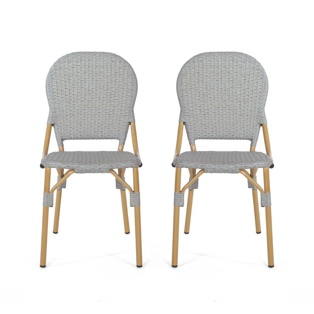 2-Piece Rattan and Aluminum Armless Outdoor Bistro Chairs, Gray and Bamboo 