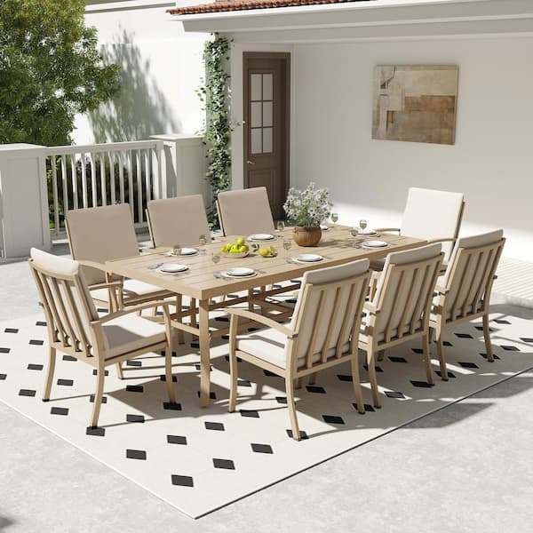 Serenity Gardens 9-Piece Beige Aluminum Outdoor Dining Set with Rectangle Table and Cushions
