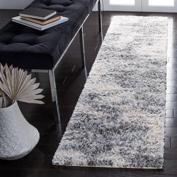 Berber Shag 2 x 14 Ivory/Gray Abstract Runner Rug