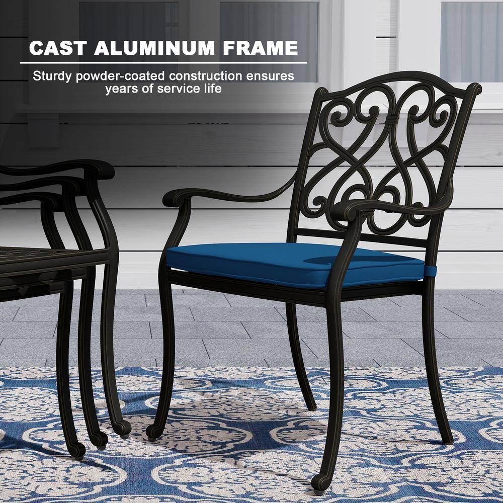Set of 4 Black Cast Aluminum Outdoor Dining Chairs with Blue Cushions