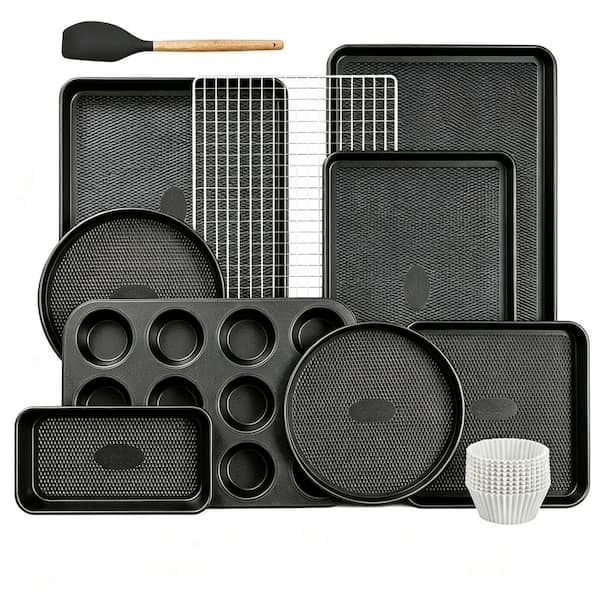 9-Piece Baking Pans Set with Diamond Texture Includes Cookie Sheet with Rack, Cake Pan, Roasting Pan, Muffin Tin