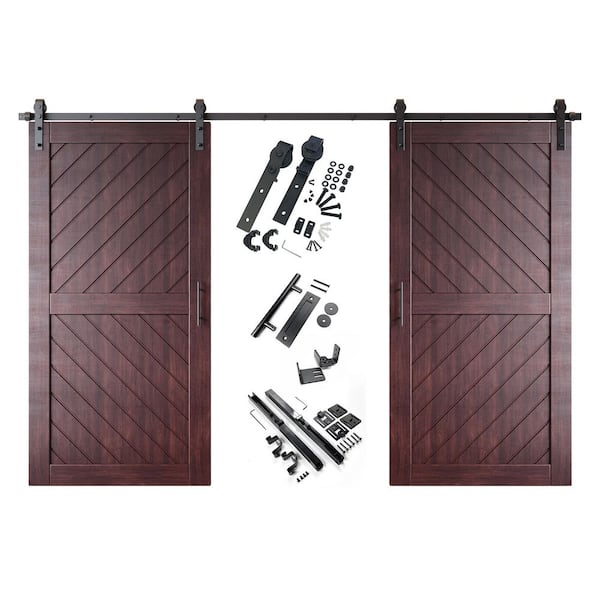 HOMACER XT3 36 in. x 80 in. C-Panel Red Mahogany Slanted Stripe Design Double Pine Wood Sliding Barn Door with Hardware Kit